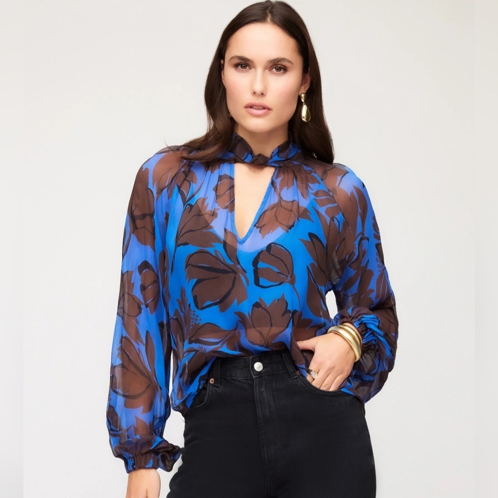 FIFTEEN TWENTY Alana Keyhole Ballon Sleeve Top In Blue/brown Size Small